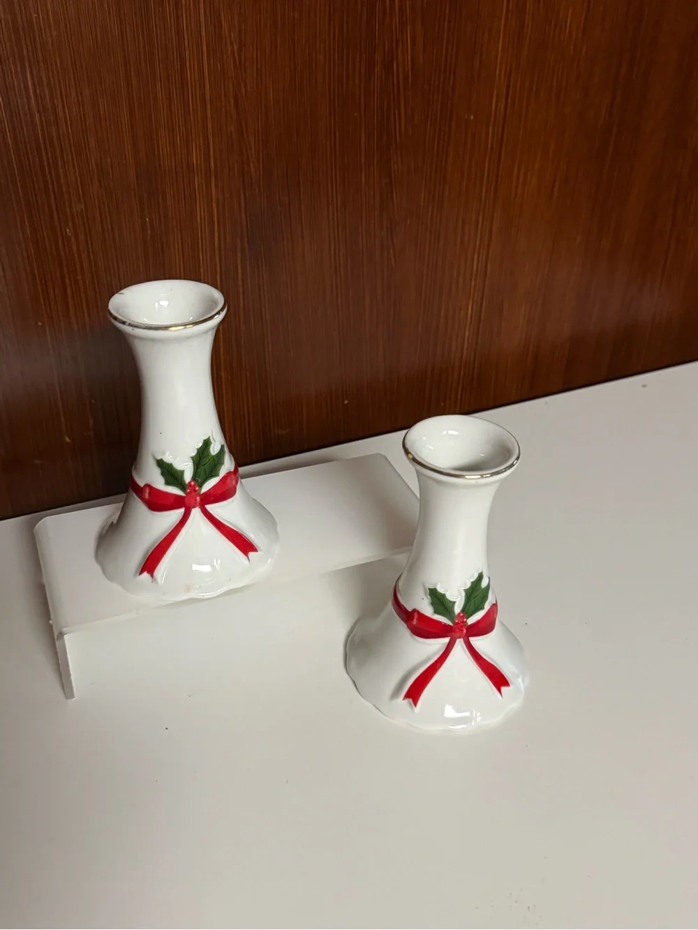 Vintage White Pottery Holiday Ribbon Candle Holder set